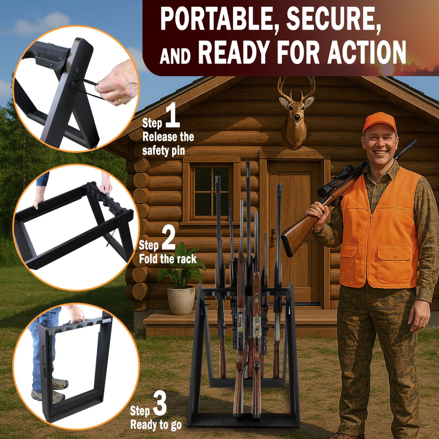 Portable Folding 10 Gun Storage Rack – Black - Rush Creek Creations