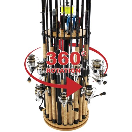 Rush Creek Creations 24 Fishing Rod Holder – 360 Spinning Rack for Garage Organization and Storage, Pole Holder for Reels, Gear, Accessories, Tackle Box, Bonus High-Tension Fishing Line Spooler