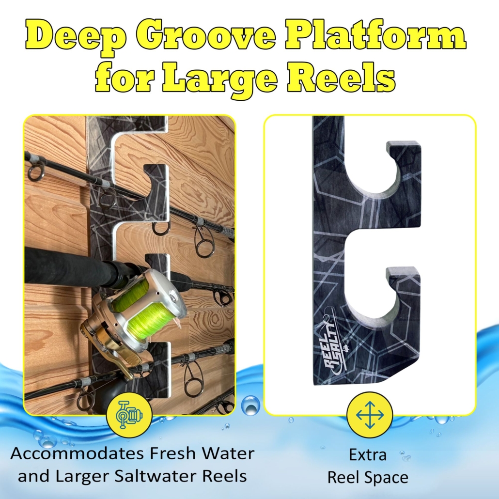 906070-info-1030x1030 Fishing rod holder rack with added reel space, ceiling and wall mount design for dock, freshwater, and saltwater storage.