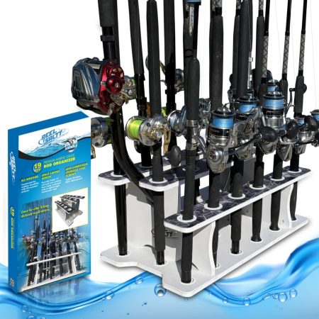 Rush Creek Creations Reel Salty Marine Grade 19-Rod Storage Rack, Tri-Level Design, UV-Resistant, 100% Waterproof, Fishing Rod Holder for Garage and Dock