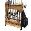 385000N_main Rolling fishing rod holder for 16 saltwater and freshwater rods, wooden garage fishing pole storage with wheels.