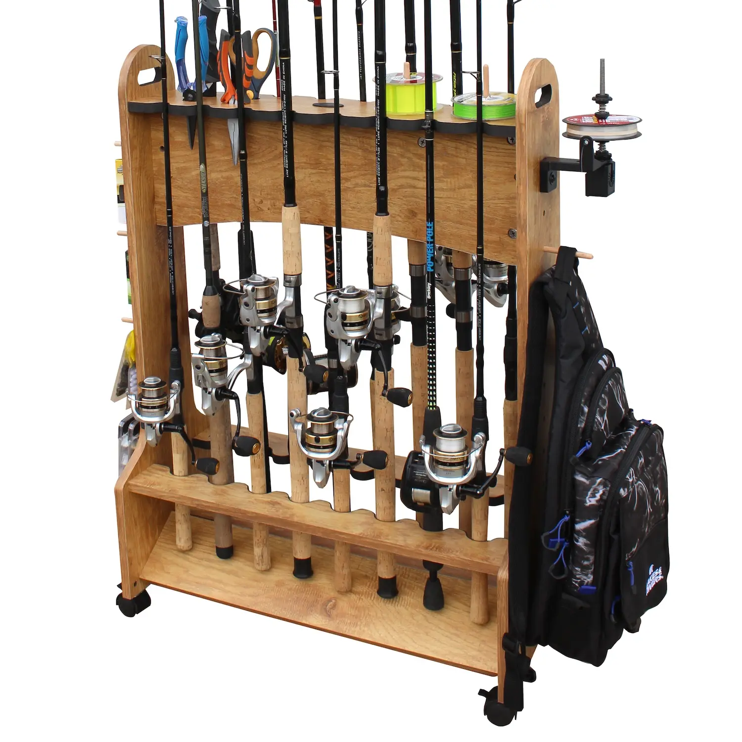 Rolling fishing rod holder for 16 saltwater and freshwater rods, wooden garage fishing pole storage with wheels.