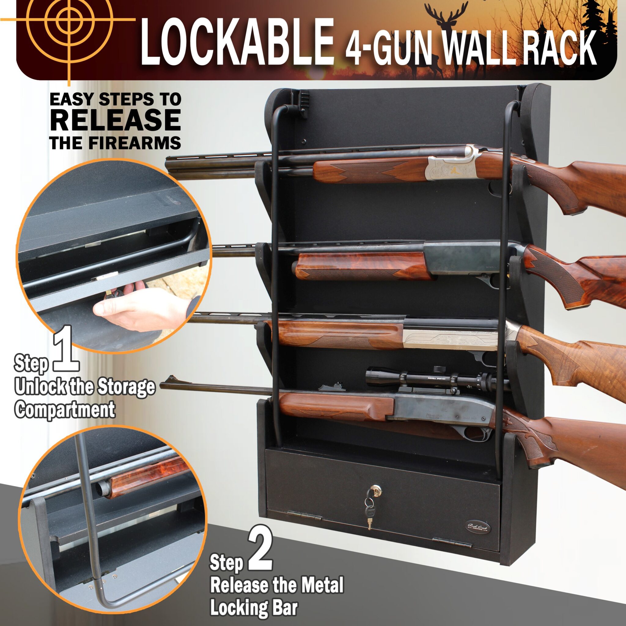 Locking 4-Gun Wall Storage Rack | Rush Creek Creations