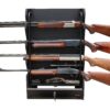 384091 main2 Locking 4-gun wall storage rack with secure shelf and key lock drawer.