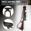 385015 1gun Single gun wall rack holding a scoped hunting rifle vertically, with close-ups of the adjustable metal mounting brackets.