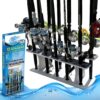 Rush Creek Creations Reel Salty 13-rod marine grade storage rack holding fishing poles next to its retail box.