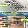 Ceiling or wall-mounted 11-rod fishing organizer for secure rod.