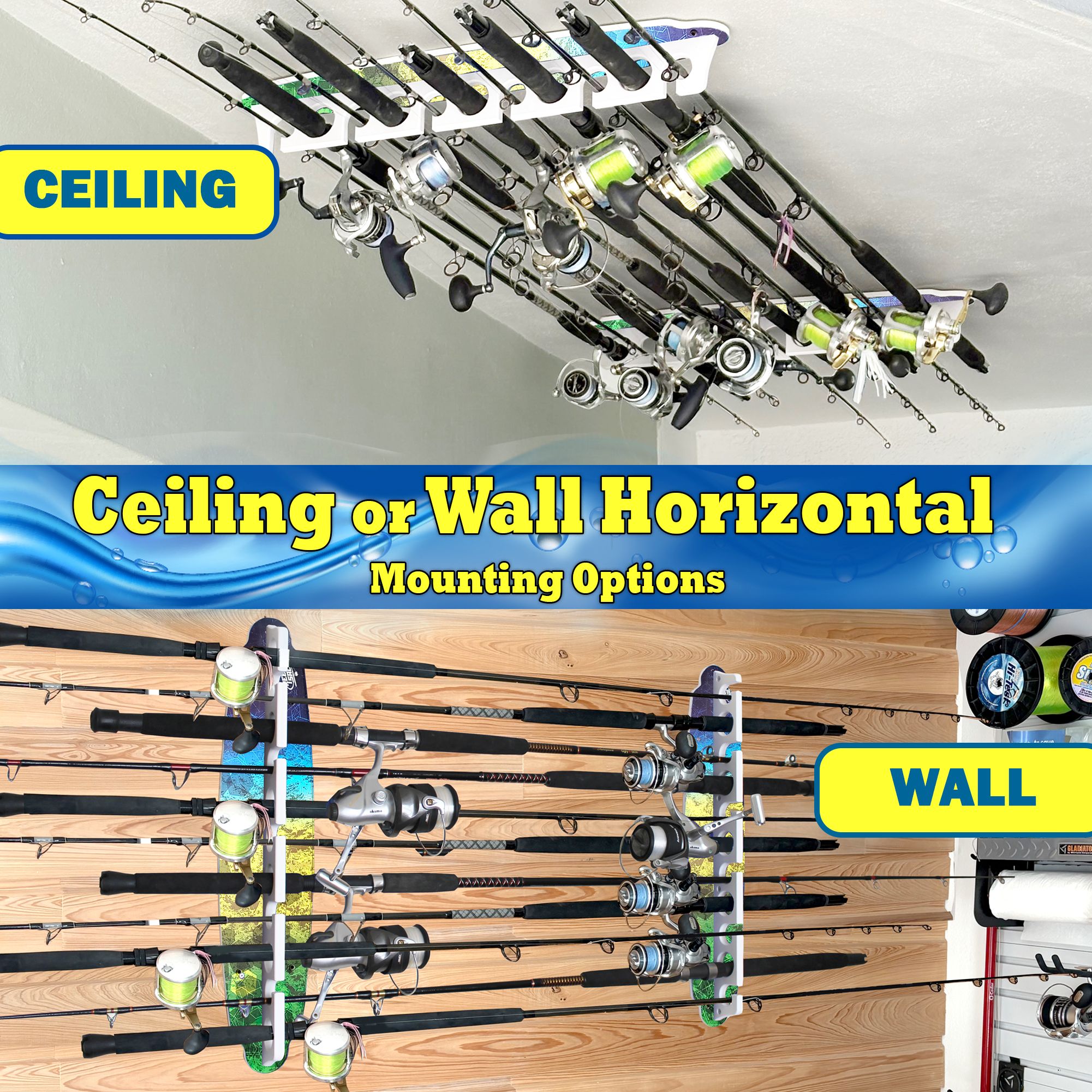 905588 ceiling wall Ceiling or wall-mounted 11-rod fishing organizer for secure rod.