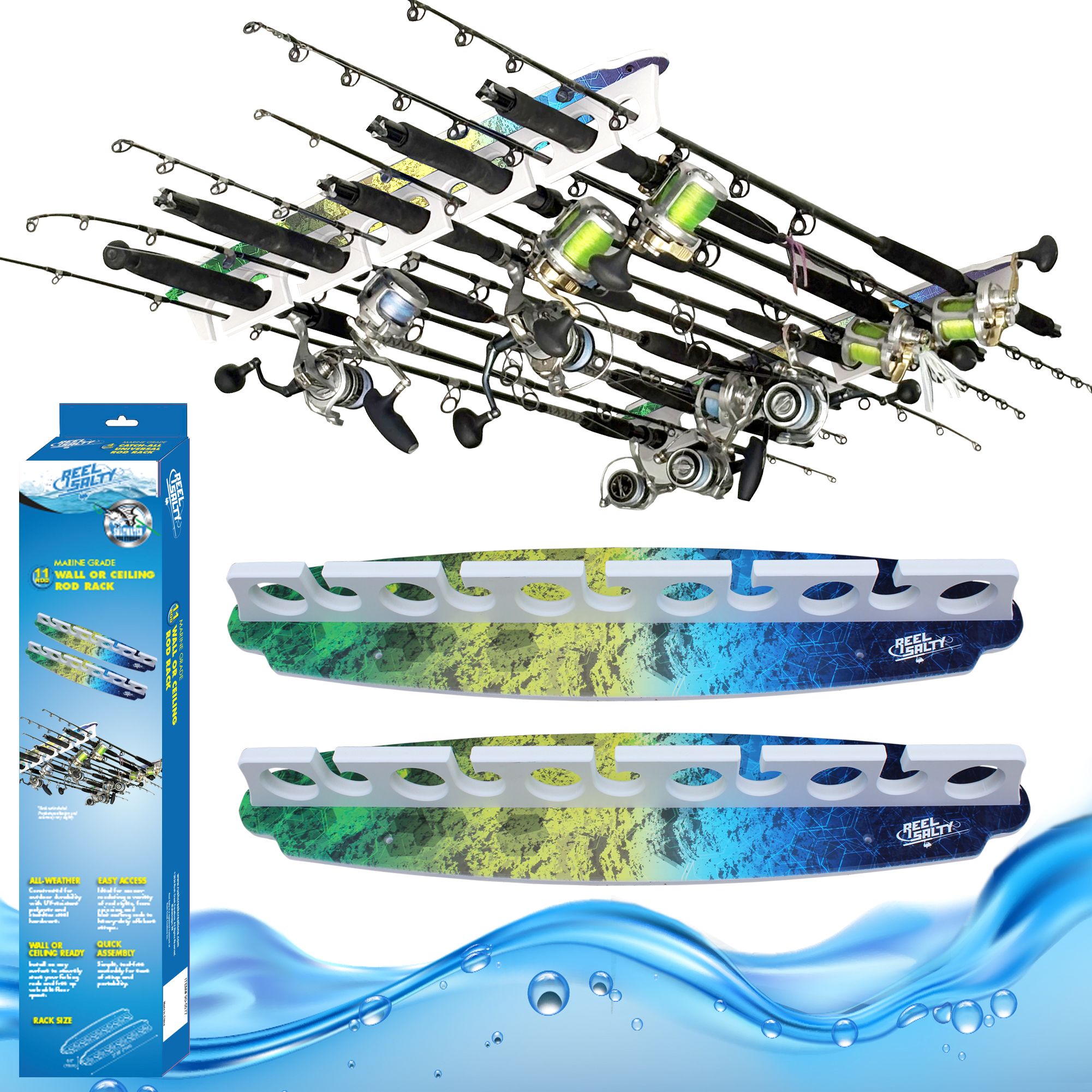905588 main Mahi 11-rod fishing rod rack for wall or ceiling storage with rod and reel combos.